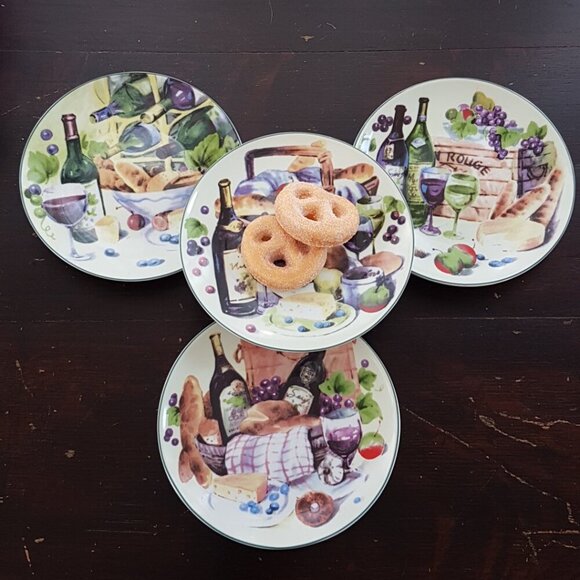 4pc Wine & Cheese Side Plates Set Cocktail Happy Hour Appetizer Charcuterie - Picture 2 of 9